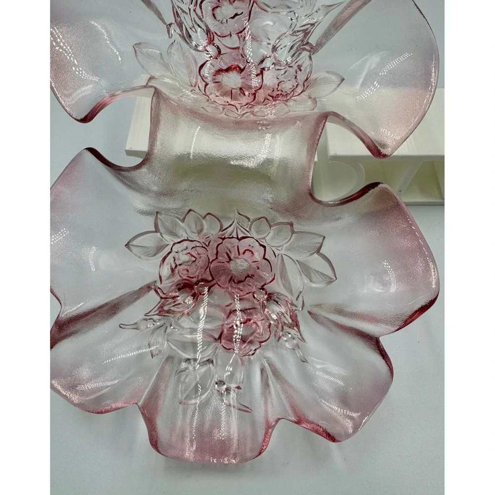 Mikasa Rosella Double Heart Relish Dish Pink Frosted Floral Glass Candy Bowl